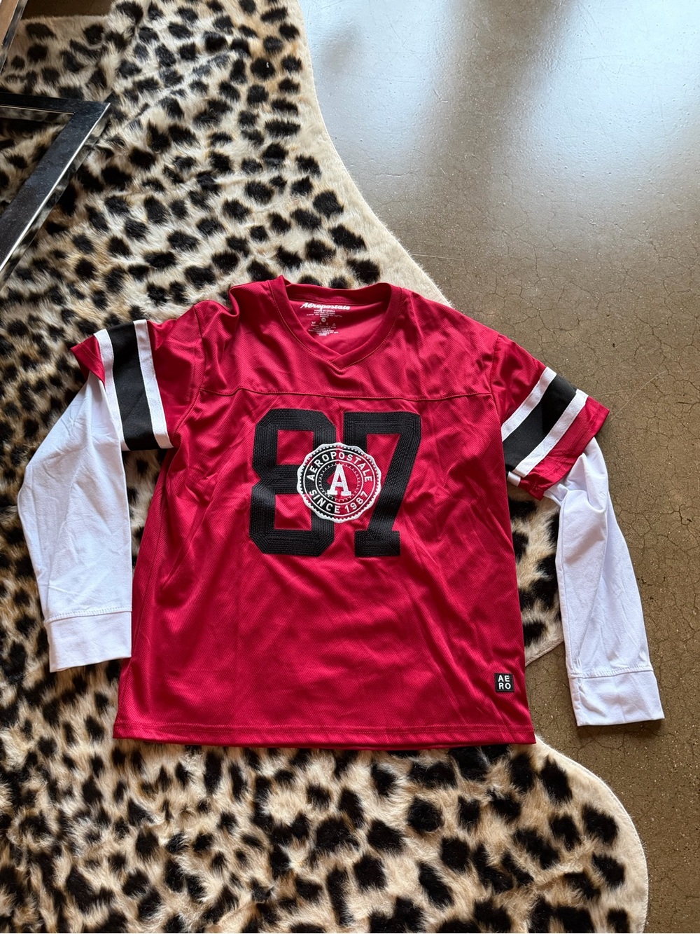 Aeropostale Red and White Layered-Look Football Tee with 87 Logo